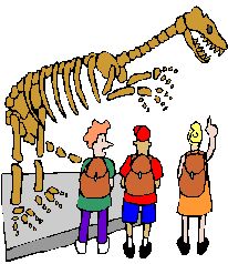 Cartoon Graphic of Kids pointing a dinosaur skeleton