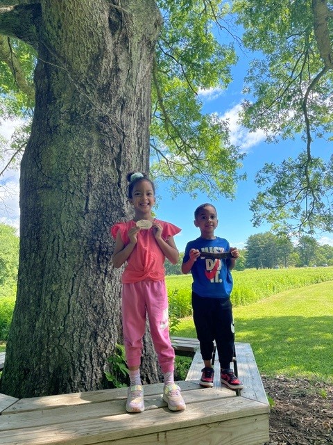 Amari and Braydon find Colchester trail medal #53 at Ruby and Elizabeth Cohen Woodlands in Colchester, CT