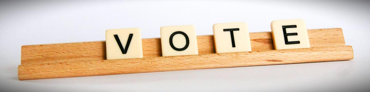 Scrabble board on a light grey background with wooden tiles that spell out the word vote