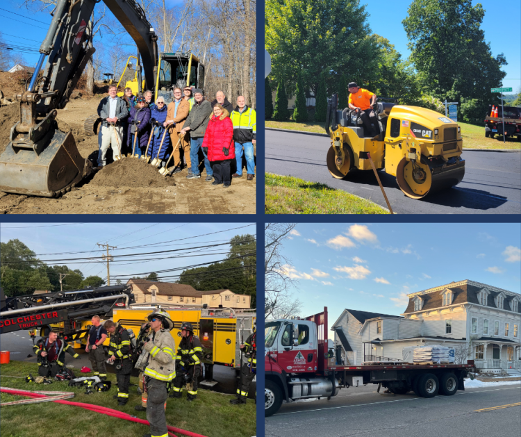 Colchester 2025 Year-In-Review - First Selectman Bernie Dennler and others at Norton Park groundbreaking, Prospect Hill paving, Fire Chief Steven Hoffmann and Fire EMS staff, and Colchester Youth Center renovations