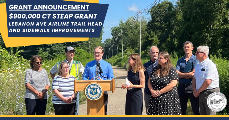 Colchester First Selectman Bernie Dennler, Selectmen Denise Turner and Rosemary Coyle, Lieutenant Governor Susan Bysiewicz, State Rep. Mark DeCaprio, Planning Director Nicole Haggerty, Public Works Director Joe Leone, and Town Engineer Sal Tassone at STEAP press conference