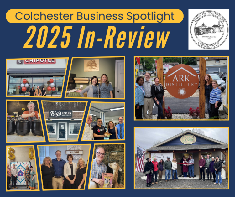 Colchester Business Spotlights 2025, new businesses like Ark Distillery, BIg's Kitchen, Soup of the Day Cafe, Good Earth Gift and Garden, Folklore and Fable Bookstore, and Chipotle