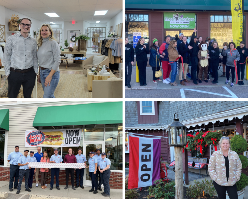 Colchester, Connecticut Businesses (top left to right - Emerson & White, Fresh Monkee, Jersey Mike's, and Enchanted Vines)