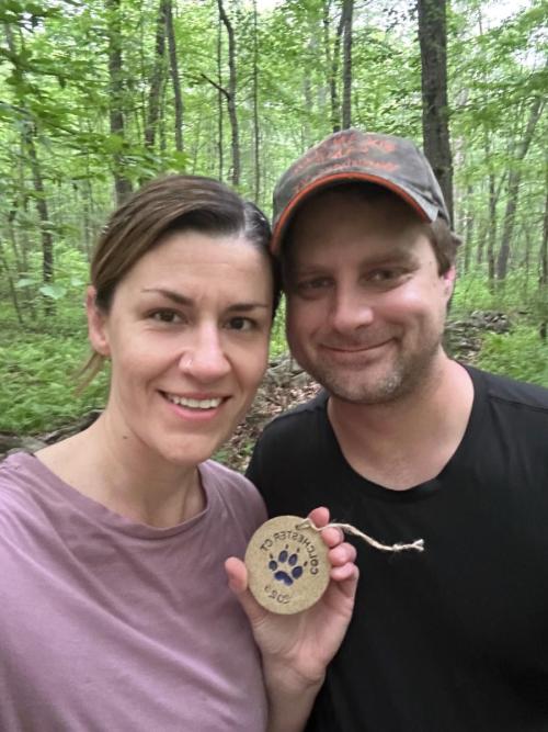 Tom and Amanda L. at Bulkeley Hill Preserve with Medal #15 in Colchester, CT