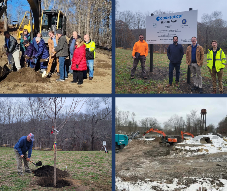 Colchester, CT Norton Park groundbreaking, Langan and Cisco at CT DEEP and DECD sign with Colchester First Selectman Bernie Dennler, Colchester Selectman Art Shilosky, Norton Park clean up progress photo