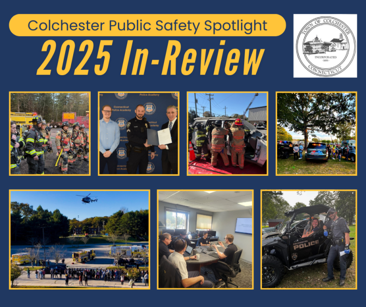 Colchester Fire & EMS staff and volunteers, Sgt. Adam Regnere and Colchester First Selectman Bernie Dennler, Colchester mock crash 2025, 2025 Emergency Planning and Preparedness Exercise, Officer Brian Kowalsky and EMS Captain Kaitlyn Standish
