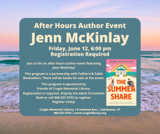 Sunset beach scene with block of text and cover of Summer Share