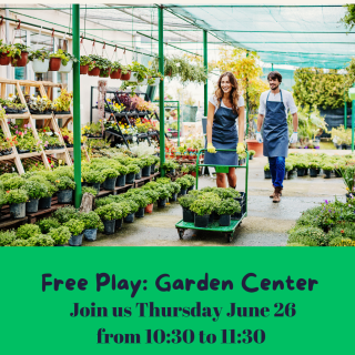 picture of a garden center with plants on shelves. A costumer is pushing a cart with plants and a worker in an apron is helping