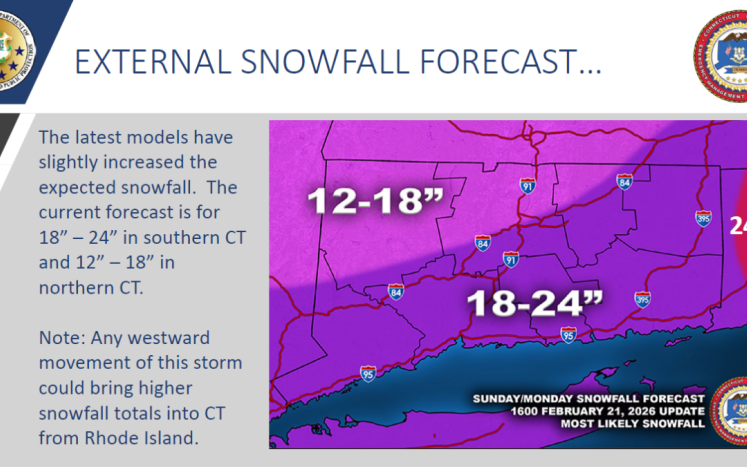 Snowfall projections as of 2/21/26 4pm update for Sunday 2/22/26