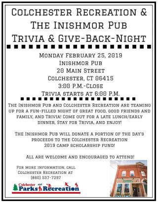 Inishmor Pub Trivia & Give-Back Night to benefit Colchester Day Camp Scholarship Fund 